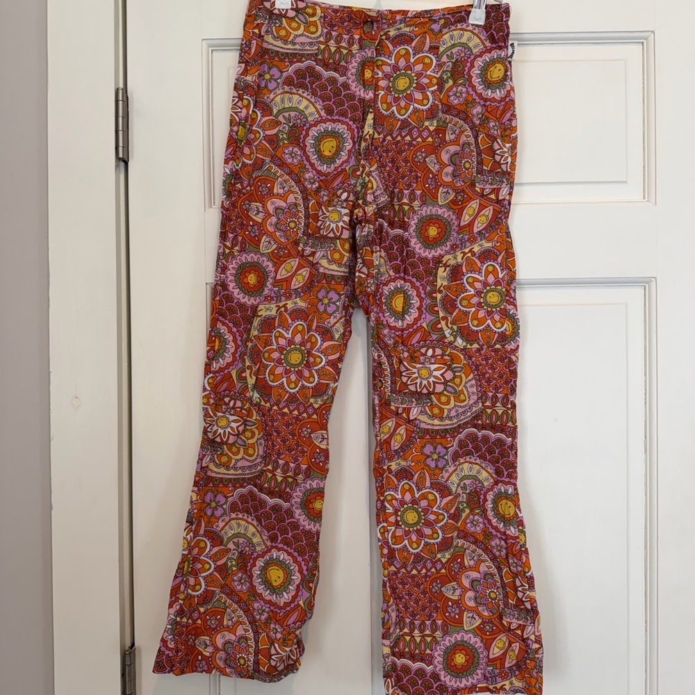 Billabong Orange & Pink Floral Print Pants 70s Print Hippie